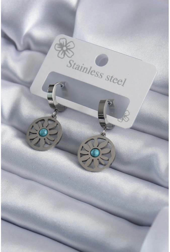 Shoecide 316l Çelik Gümüş Renk Papatya Model Mavi Taş Detay Kadın Küpe