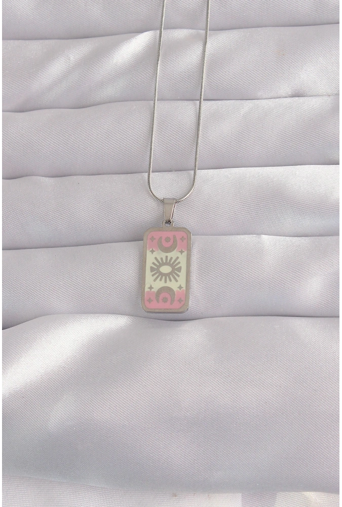 Shoecide 316l Çelik Gümüş Renk Pembe Mineli Ay Figür Tarot Kolye