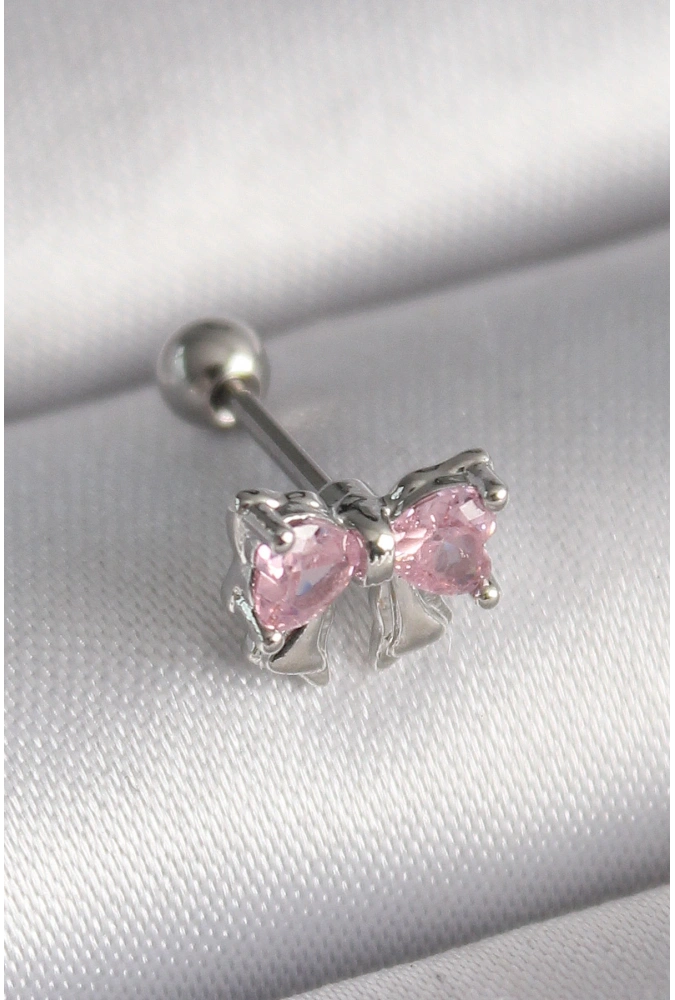 Shoecide 316l Çelik Gümüş Renk Pembe Zirkon Taşlı Fiyonk Tragus Piercing