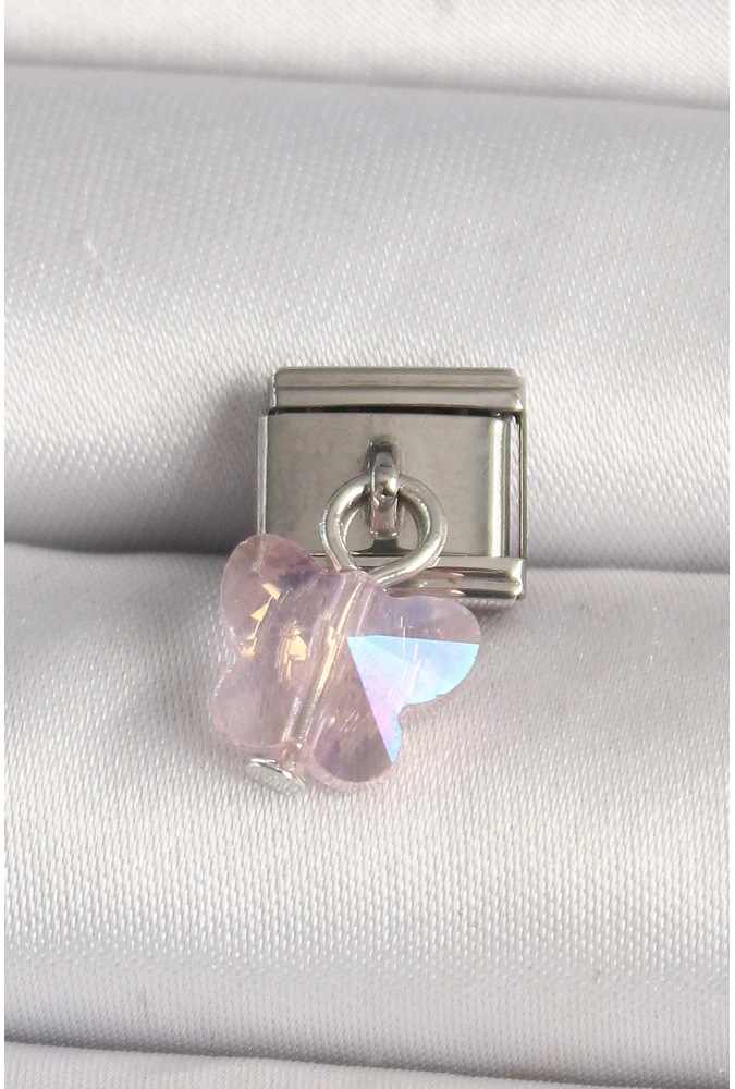 Shoecide 316l Çelik Gümüş Renk Pembe Zirkon Taşlı Kelebek Model Nomination Charm