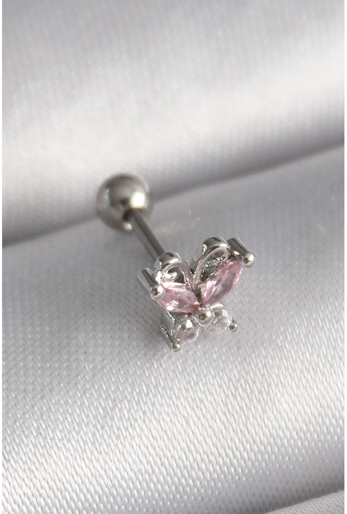 Shoecide 316l Çelik Gümüş Renk Pembe Zirkon Taşlı Kelebek Tragus Piercing