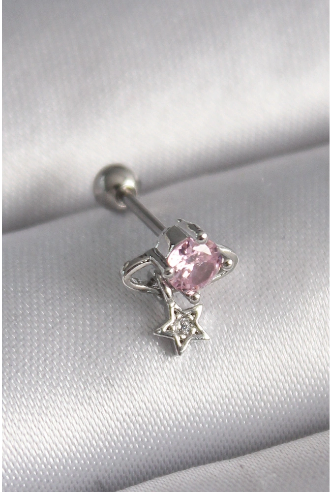 Shoecide 316l Çelik Gümüş Renk Pembe Zirkon Taşlı Sallantı Yıldız Detay Tragus Piercing
