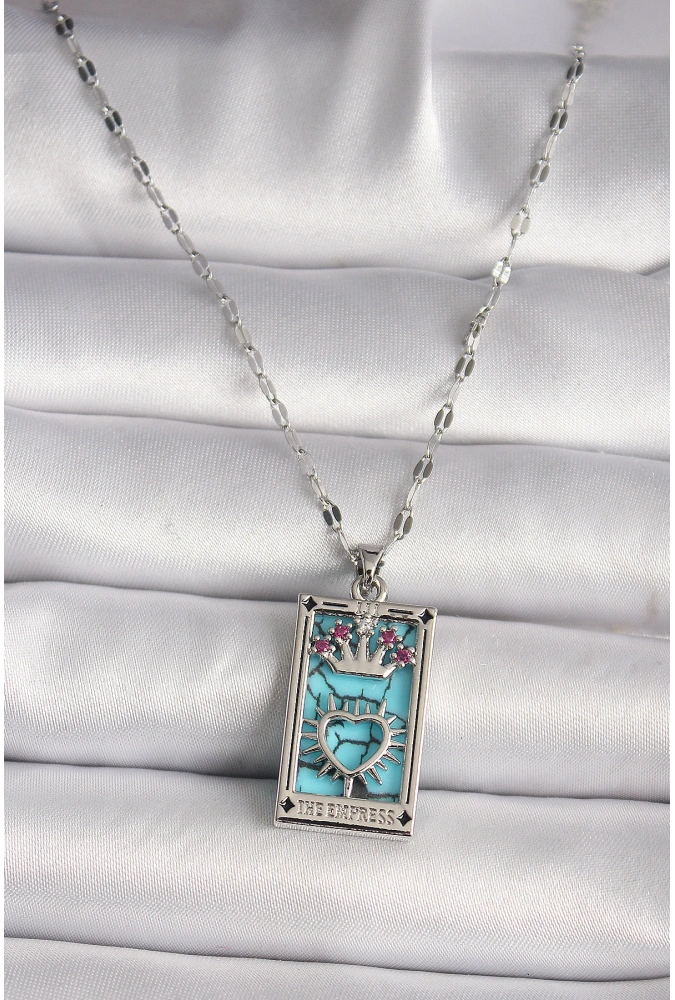 Shoecide 316l Çelik Gümüş Renk Pembe Zirkon Taşlı Taç Kalp Portre Model Kadın Kole