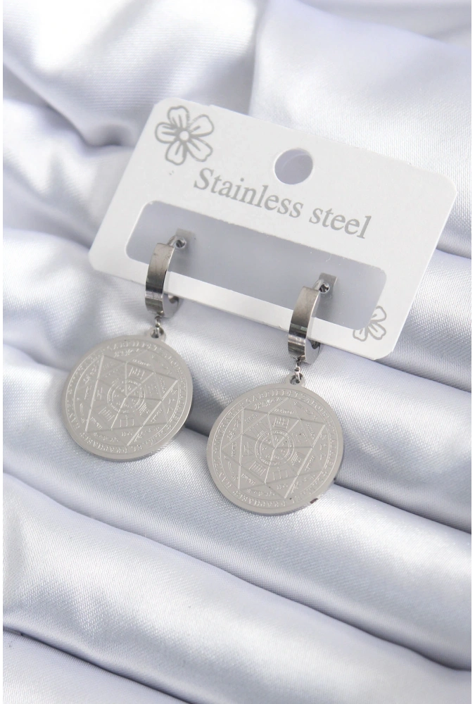 Shoecide 316l Çelik Gümüş Renk Pentagram İşleme Model Kadın Küpe