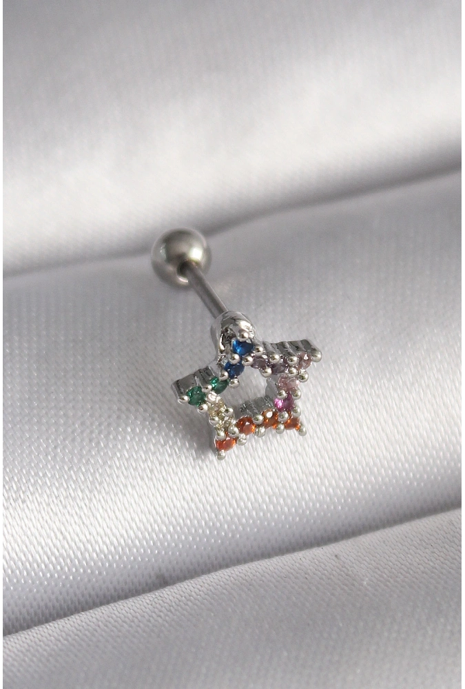 Shoecide 316l Çelik Gümüş Renk Renkli Zirkon Taşlı Yıldız Model Tragus Piercing
