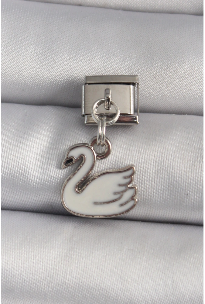 Shoecide 316l Çelik Gümüş Renk Sallantı Beyaz Kuğu Model Nomination Charm