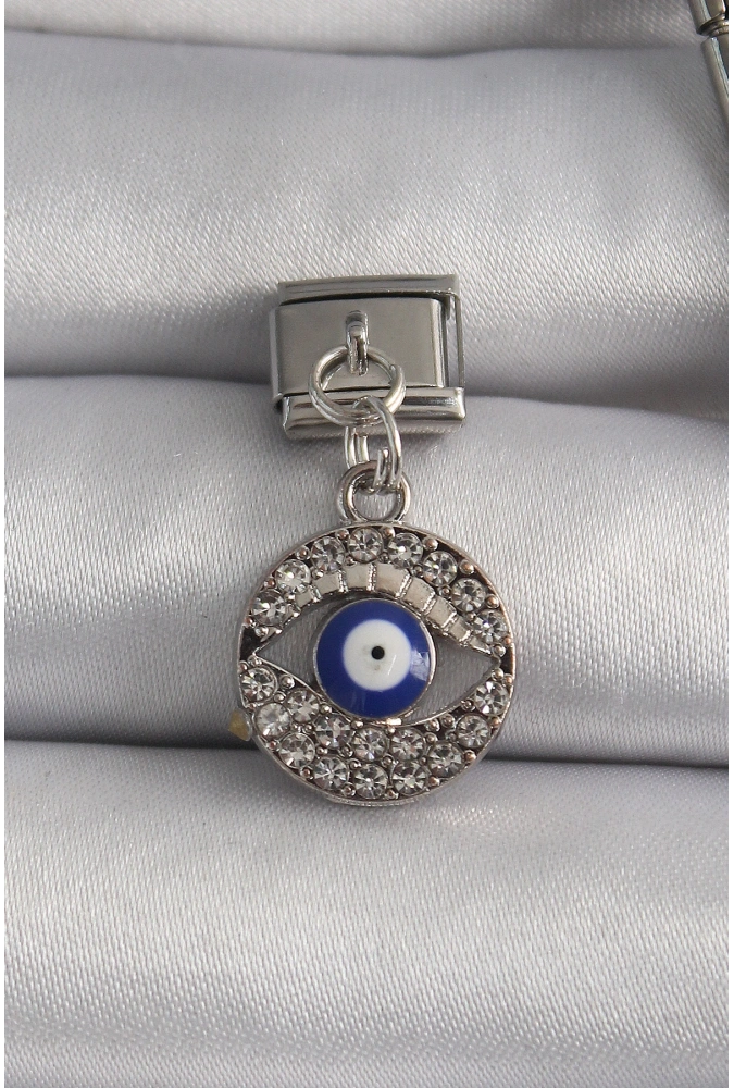Shoecide 316l Çelik Gümüş Renk Sallantı Zirkon Taşlı Göz Model Nazar Boncuk Detay Nomination Charm