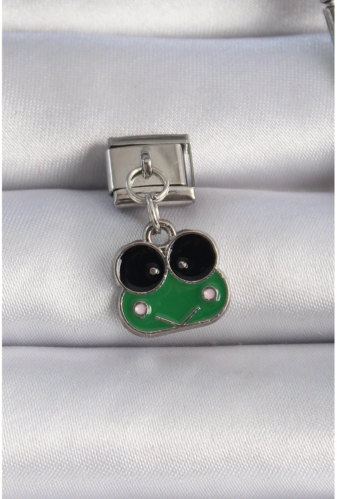 Shoecide 316l Çelik Gümüş Renk Sallantılı Yeşil Kurbağa Figür Nomination Charm