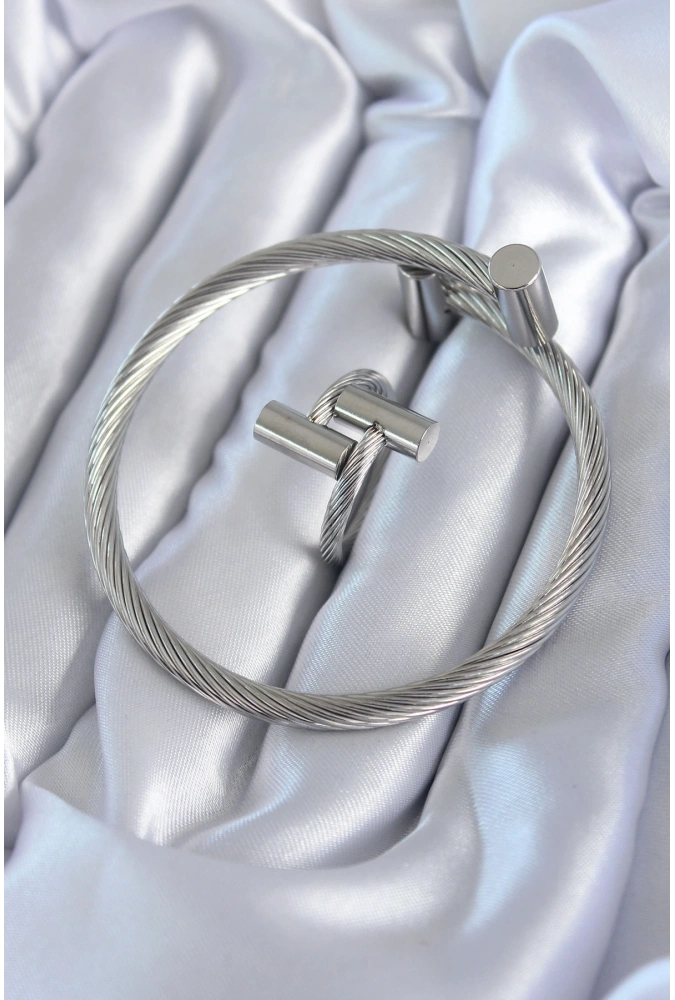 Shoecide 316l Çelik Gümüş Renk Sarmal Model Erkek Bileklik Yüzük Kombini