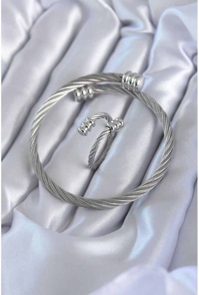 Shoecide 316l Çelik Gümüş Renk Sarmal Model Erkek Bileklik Yüzük Kombini