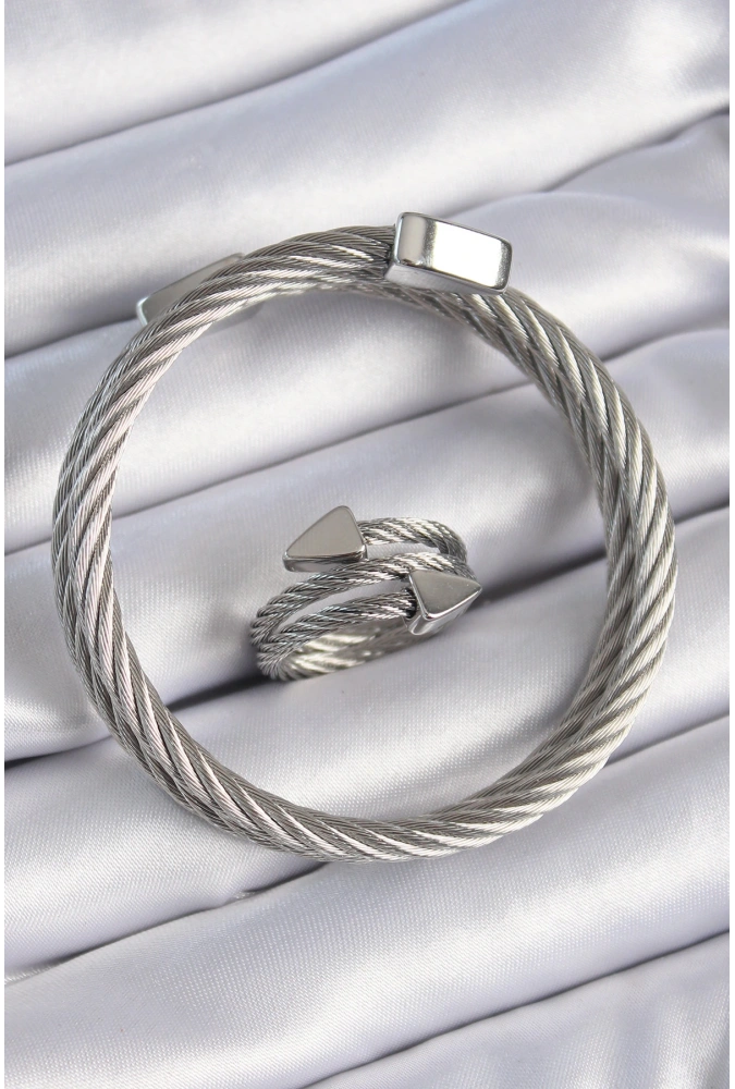 Shoecide 316l Çelik Gümüş Renk Sarmal Model Erkek Bileklik Yüzük Kombini