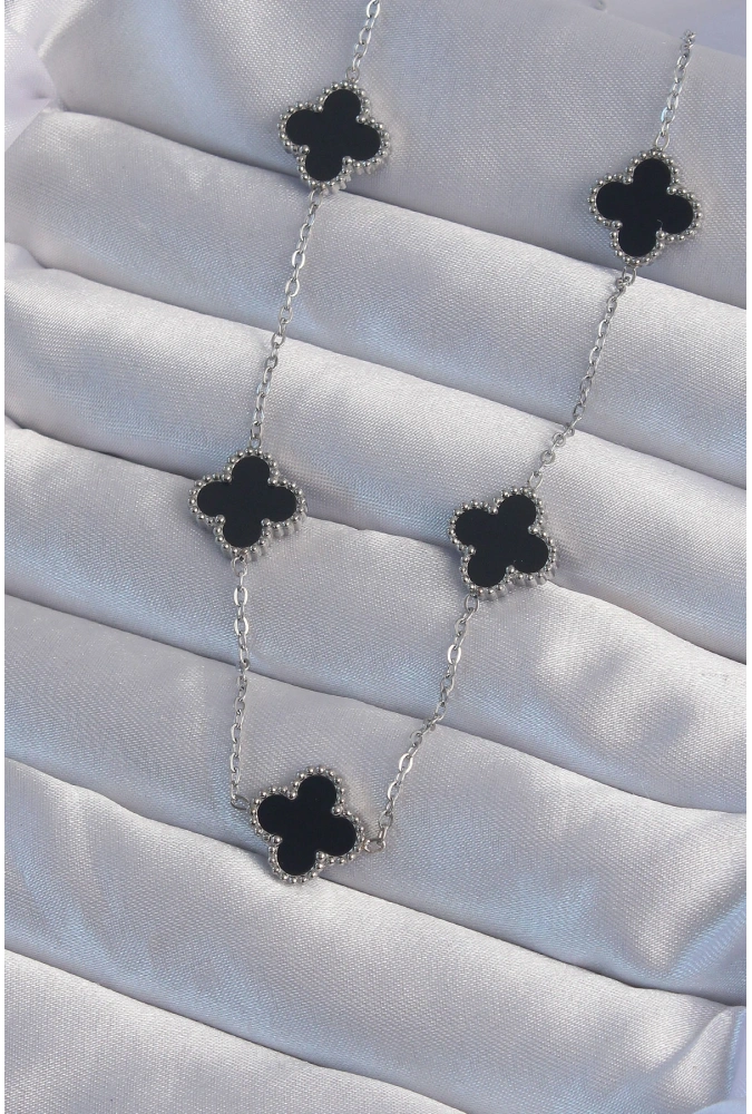 Shoecide 316l Çelik Gümüş Renk Siyah Mineli Yonca Kolye