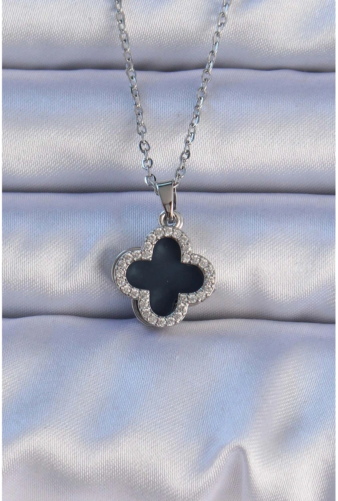 Shoecide 316l Çelik Gümüş Renk Siyah Mineli Zirkon Taşlı Yonca Figürlü Kolye