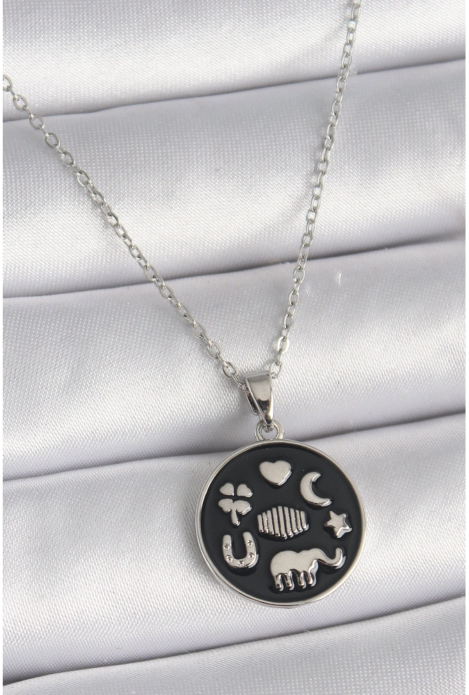 Shoecide 316l Çelik Gümüş Renk Siyah Renk Şans Kolyesi