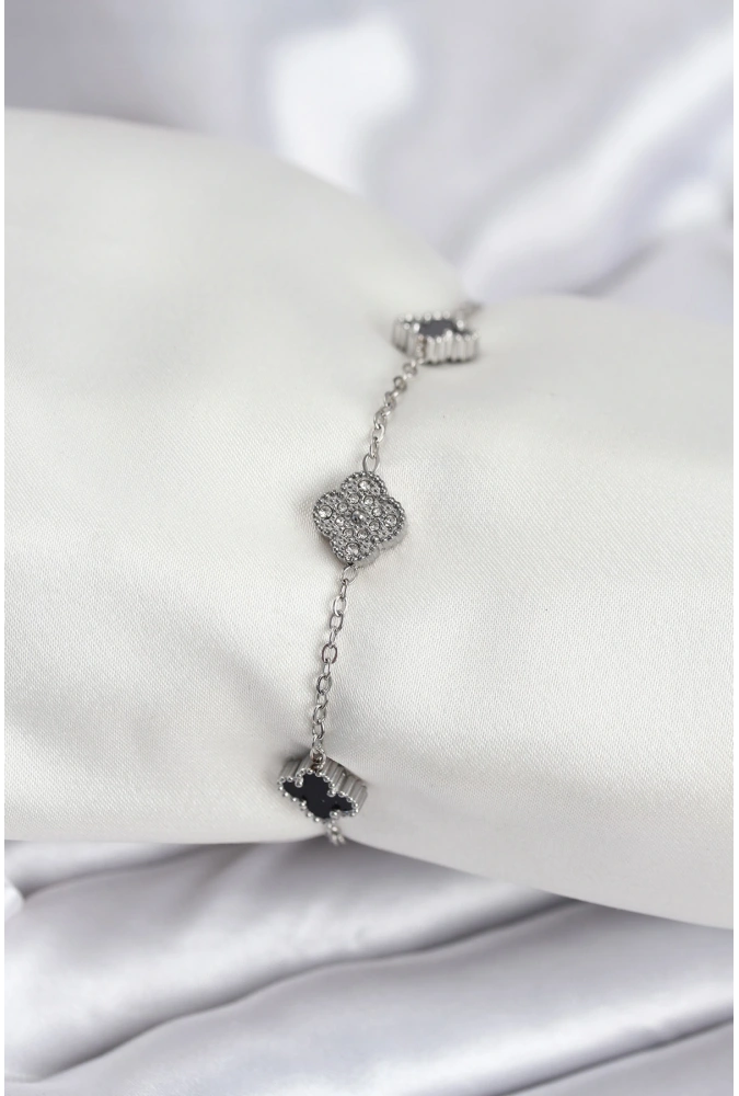 Shoecide 316l Çelik Gümüş Renk Siyah Ve Zirkon Taşlı Baby Boy Yonca Kadın Bileklik