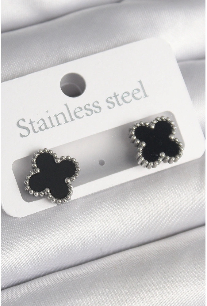 Shoecide 316l Çelik Gümüş Renk Siyah Yonca Model Kadın Küpe