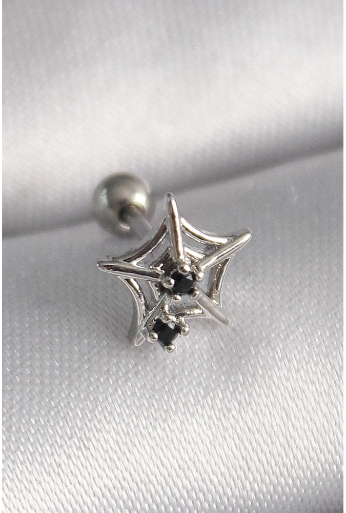 Shoecide 316l Çelik Gümüş Renk Siyah Zirkon Taş Detay Örümcek Ağ Model Tragus Piercing