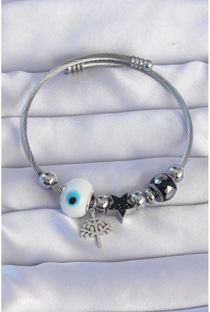 Shoecide 316l Çelik Gümüş Renk Siyah Zirkon Taşlı Yıldız Tasarımlı Ağaç Detay Nazarlı Charm Bileklik