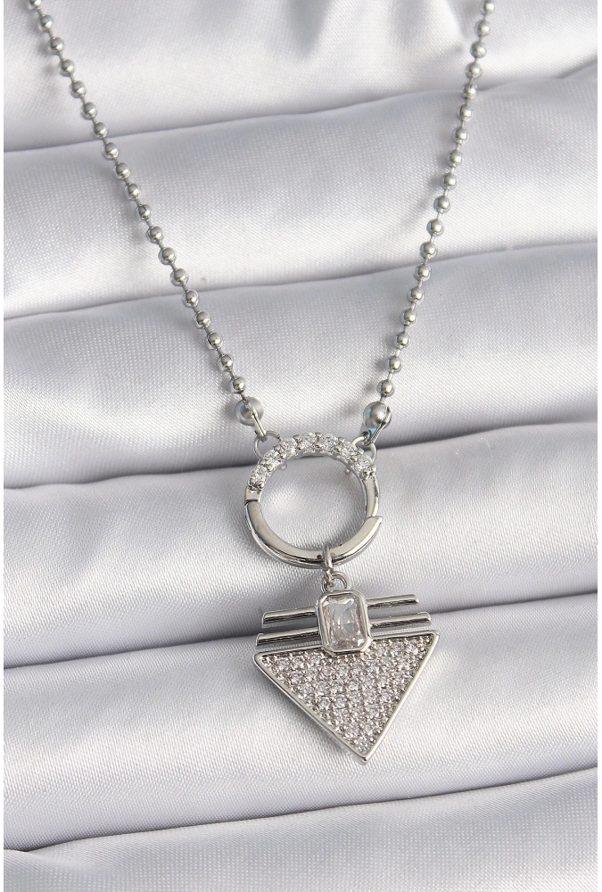 Shoecide 316l Çelik Gümüş Renk Topçuk Zincir Zirkon Taşlı Üçgen Model Kadın Kolye