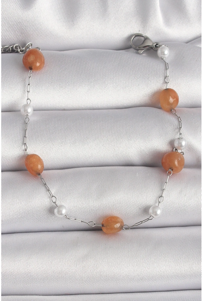 Shoecide 316l Çelik Gümüş Renk Turuncu Doğaltaş Model İnci Detay Kadın Bileklik