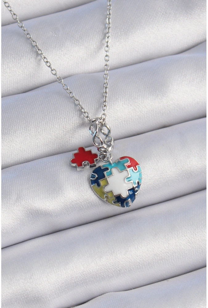 Shoecide 316l Çelik Gümüş Renk Yapboz Motif Kalp Figür Charm Model Kadın Kolye