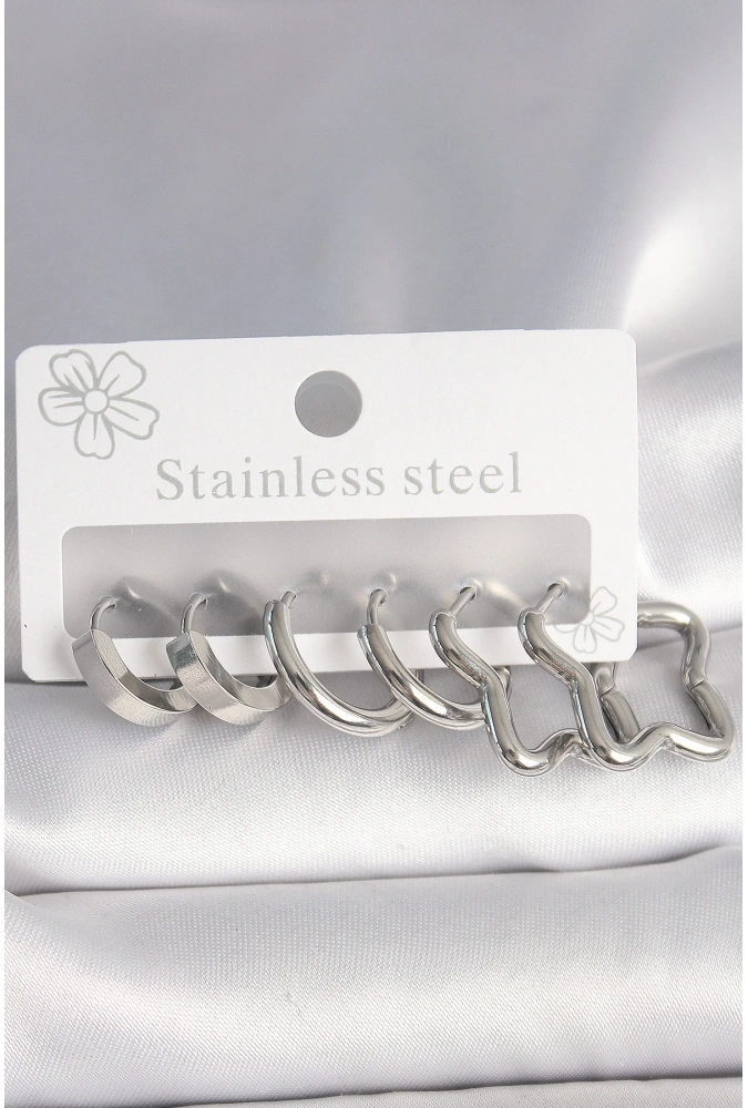 Shoecide 316l Çelik Gümüş Renk Yarım Halka Yıldız Model Kadın Küpe Seti