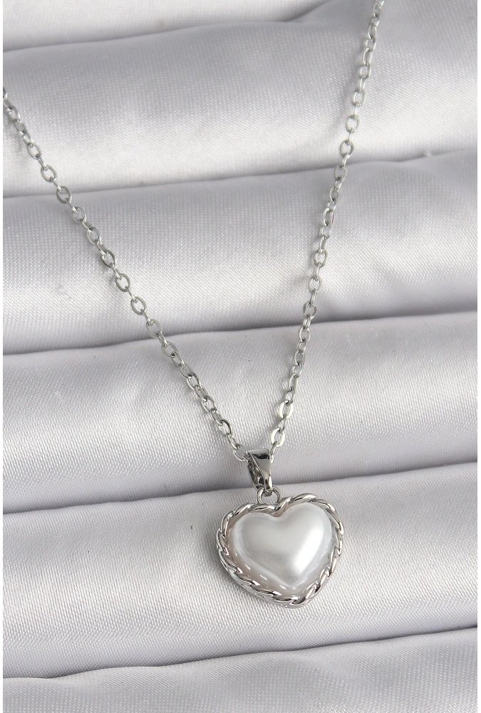 Shoecide 316l Çelik Gümüş Renk Zincir 3d İnci Kalp Model Kadın Kolye
