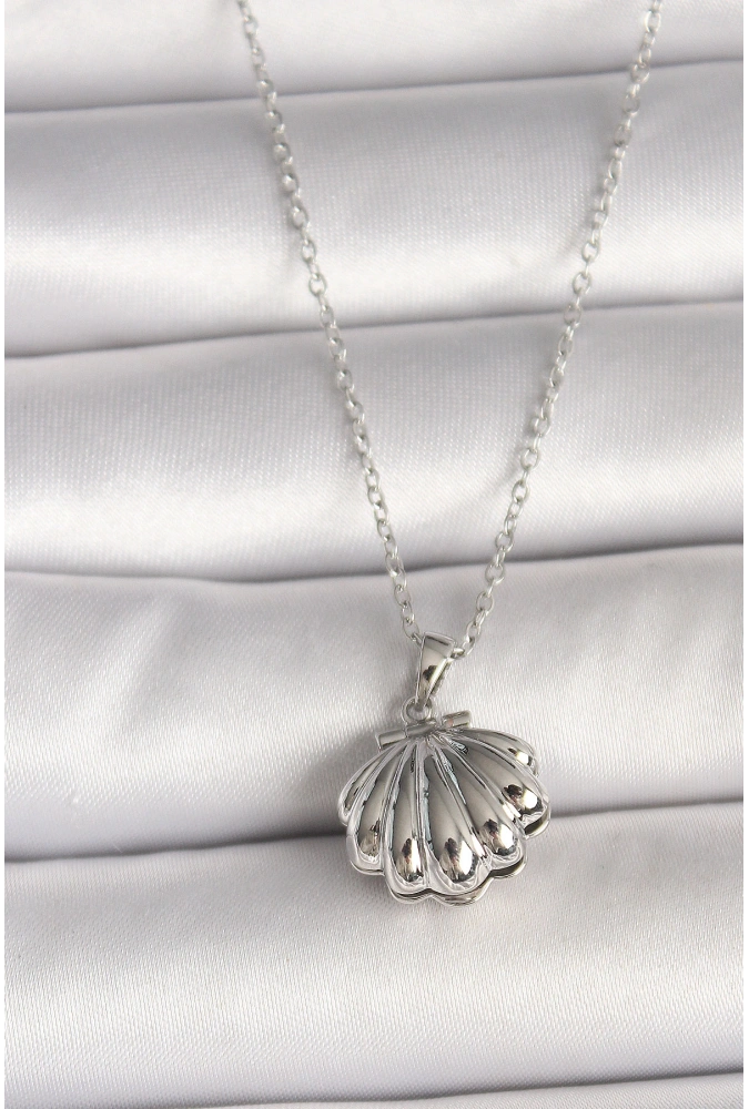 Shoecide 316l Çelik Gümüş Renk Zincir Açılır İncili Midye Model Kadın Kolye