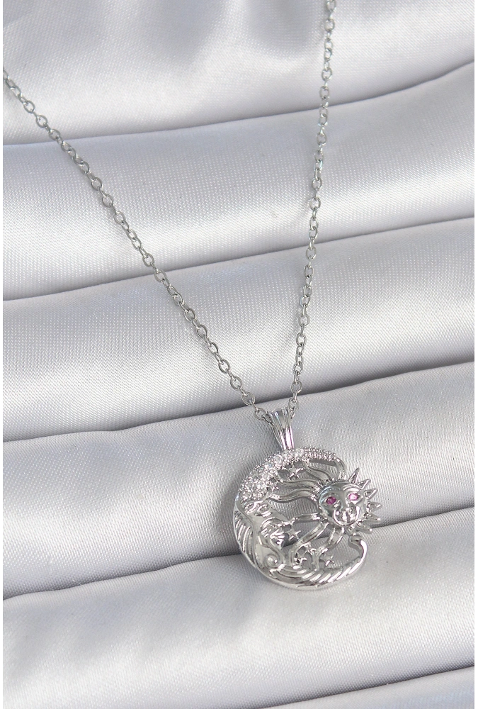 Shoecide 316l Çelik Gümüş Renk Zincir Ay Güneş Model Zirkon Taş Detay Kadın Kolye