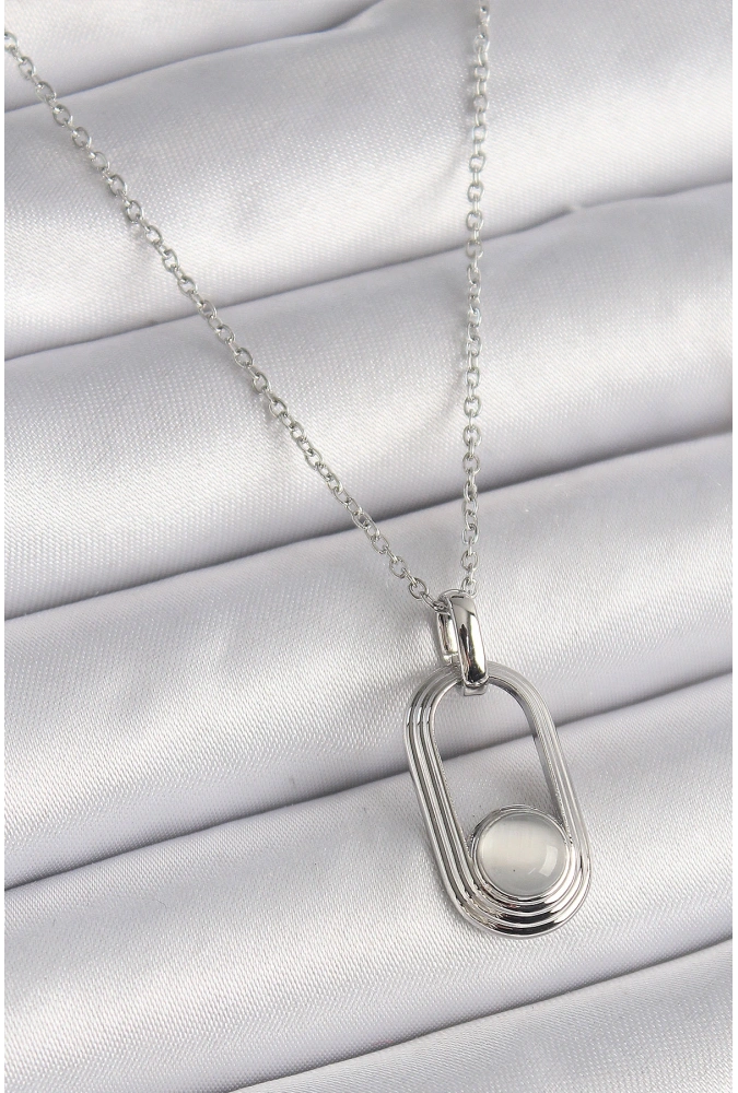 Shoecide 316l Çelik Gümüş Renk Zincir Beyaz Kedi Göz Model Kadın Kolye