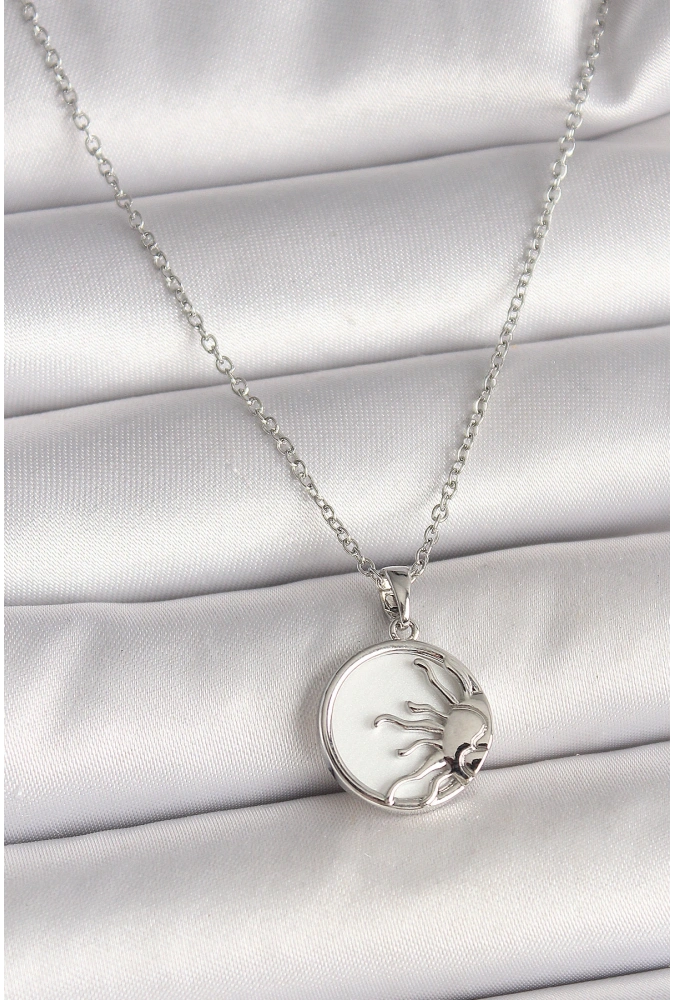 Shoecide 316l Çelik Gümüş Renk Zincir Beyaz Mineli Gün Batımı Model Kadın Kolye