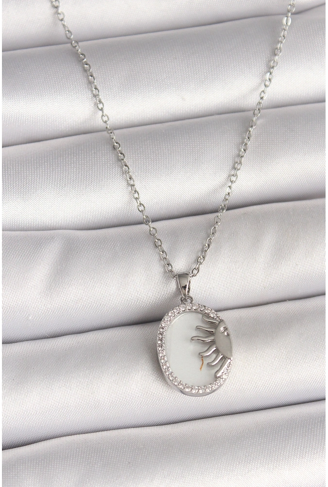 Shoecide 316l Çelik Gümüş Renk Zincir Beyaz Mineli Gün Batımı Model Zirkon Taş Detaylı Kadın Kolye