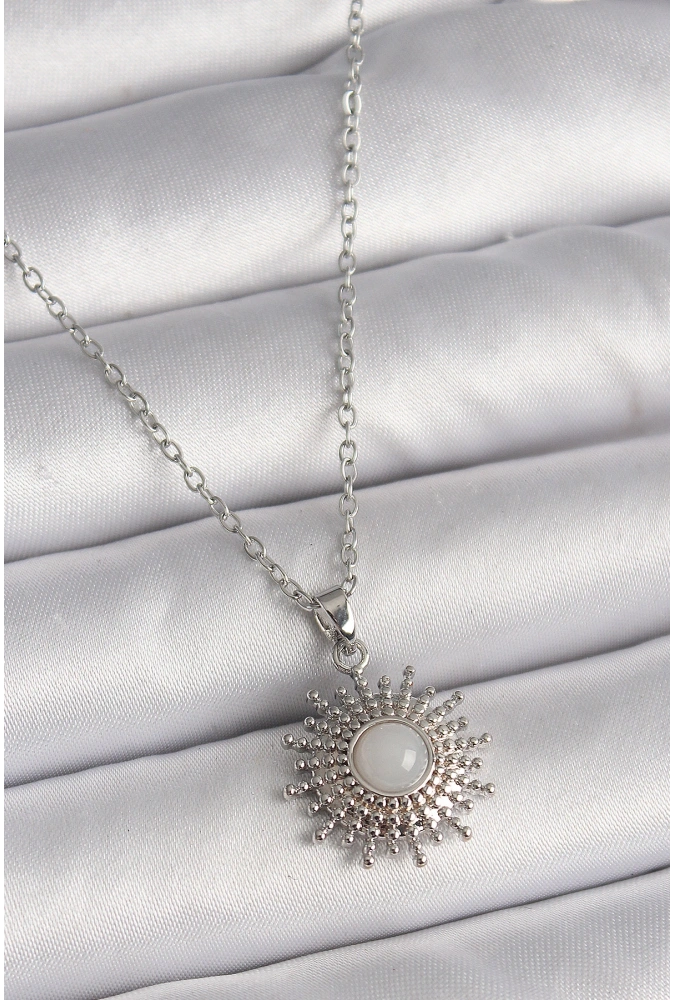 Shoecide 316l Çelik Gümüş Renk Zincir Beyaz Mineli Güneş Model Kadın Kolye