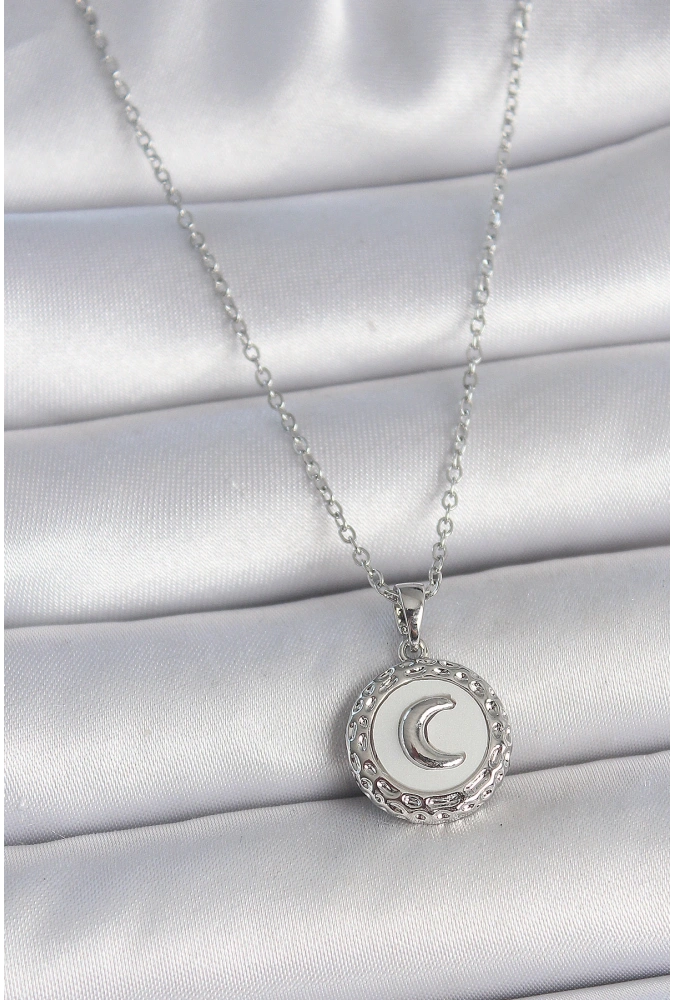 Shoecide 316l Çelik Gümüş Renk Zincir Beyaz Mineli Hilal İşlemeli Madalyon Model Kadın Kolye