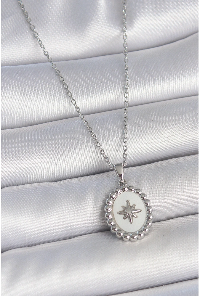 Shoecide 316l Çelik Gümüş Renk Zincir Beyaz Mineli Kutup Yıldız İşlemeli Madalyon Model Kadın Kolye