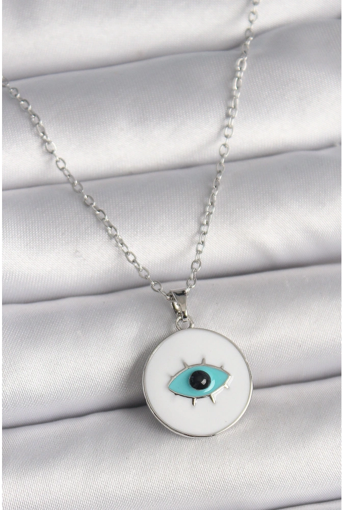 Shoecide 316l Çelik Gümüş Renk Zincir Beyaz Mineli Turkuaz Göz İşleme Model Kadın Kolye
