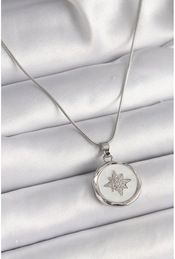 Shoecide 316l Çelik Gümüş Renk Zincir Beyaz Sedefli Zirkon Taşlı Yıldız İşleme Model Kadın Kolye