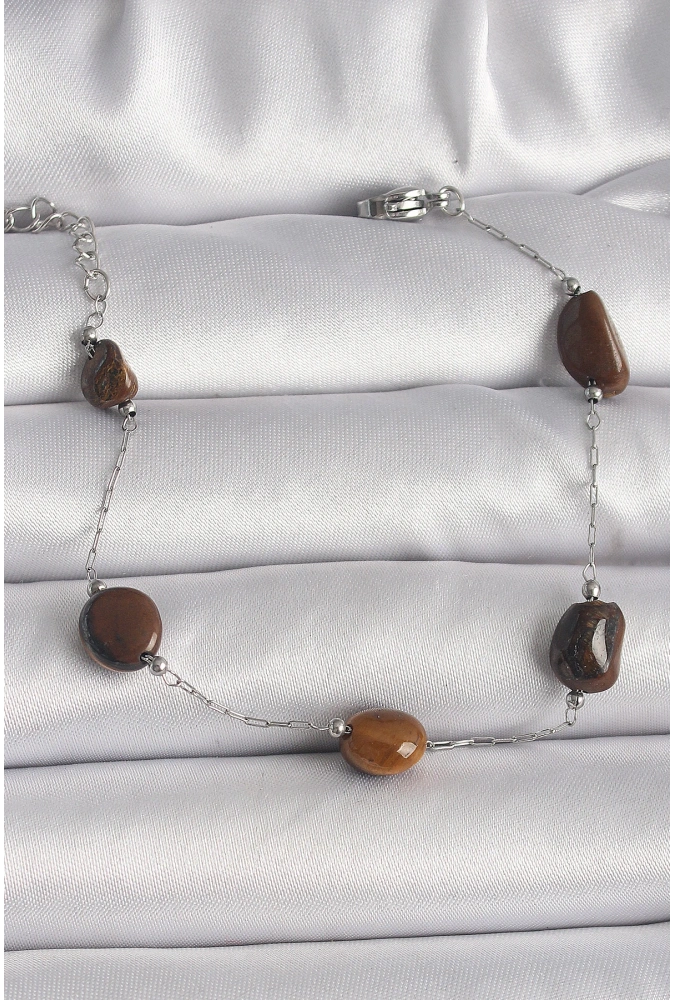 Shoecide 316l Çelik Gümüş Renk Zincir Kahverengi Doğaltaş Model Kadın Bileklik