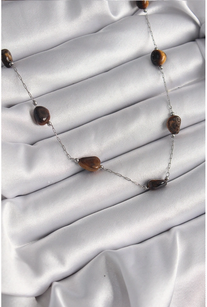 Shoecide 316l Çelik Gümüş Renk Zincir Kahverengi Doğaltaş Model Kadın Kolye