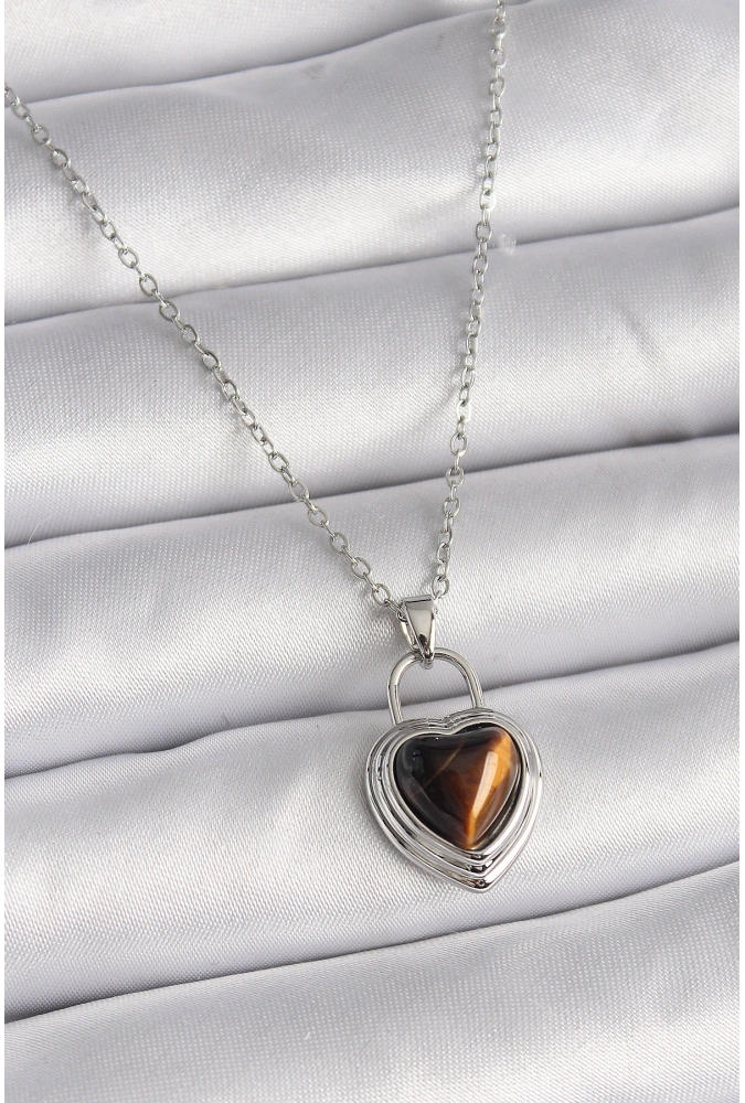 Shoecide 316l Çelik Gümüş Renk Zincir Kilit Kalp Kehribar Boncuk Model Kadın Kolye