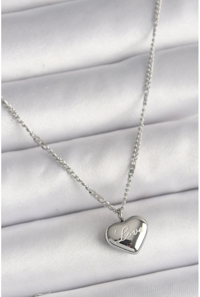 Shoecide 316l Çelik Gümüş Renk Zincir Love İşleme Kalp Figür Kadın Kolye