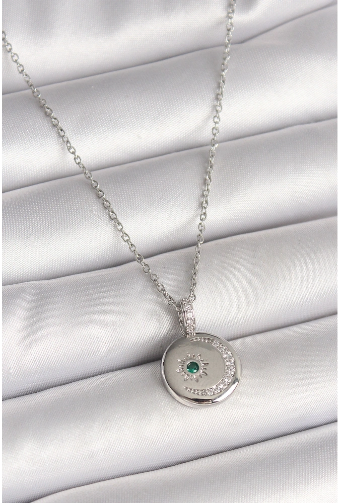 Shoecide 316l Çelik Gümüş Renk Zincir Madalyon Zirkon Taşlı İşlemeli Hilal Yıldız Model Kadın Kolye