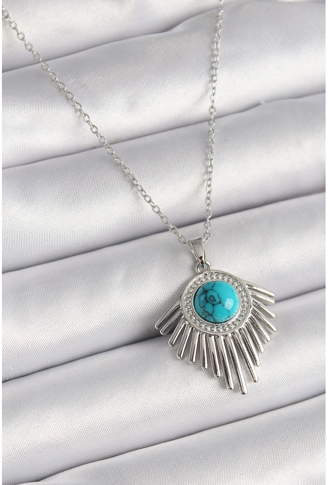 Shoecide 316l Çelik Gümüş Renk Zincir Mavi Boncuklu Zirkon Taşlı Kadın Kolye