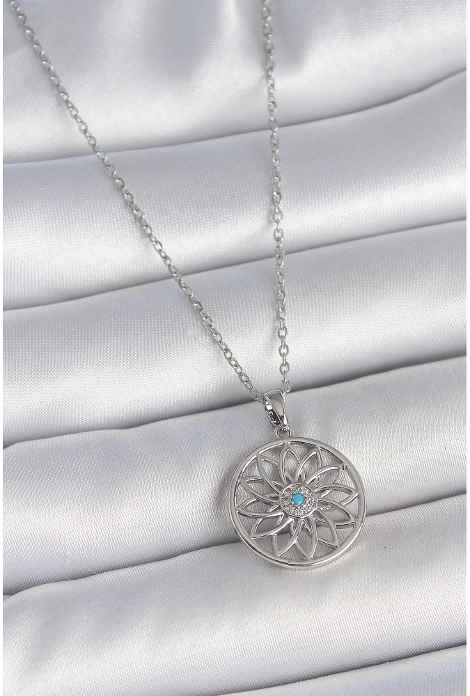 Shoecide 316l Çelik Gümüş Renk Zincir Mavi Taşlı Lotus Model Kadın Kolye