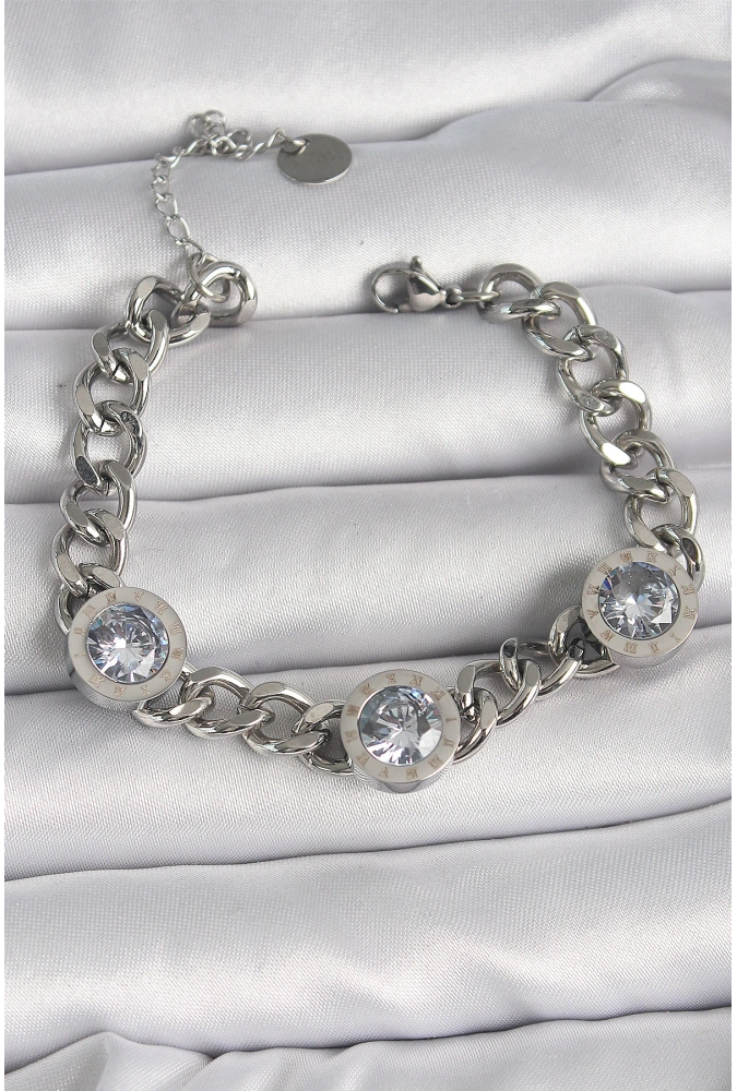 Shoecide 316l Çelik Gümüş Renk Zincir Model Zirkon Taşlı İşleme Detaylı Kadın Bileklik