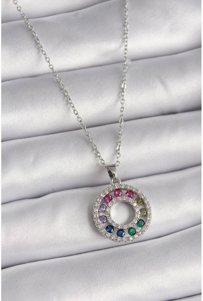 Shoecide 316l Çelik Gümüş Renk Zincir Renkli Zirkon Taşlı Madalyon Model Kadın Kolye