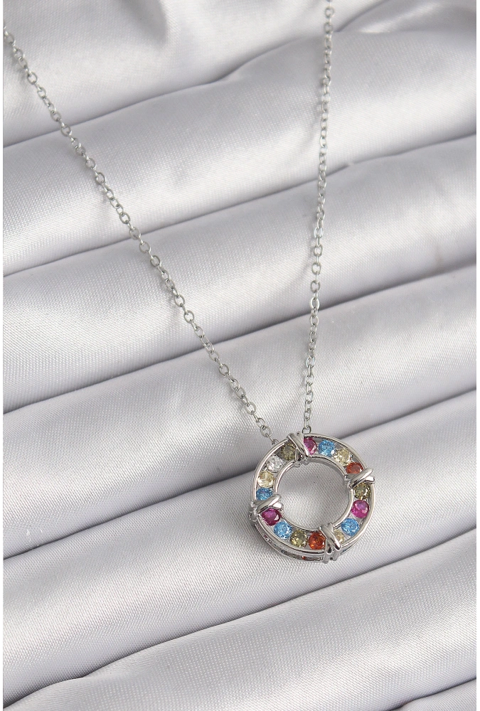 Shoecide 316l Çelik Gümüş Renk Zincir Renkli Zirkon Taşlı Xoxo Model Kadın Kolye
