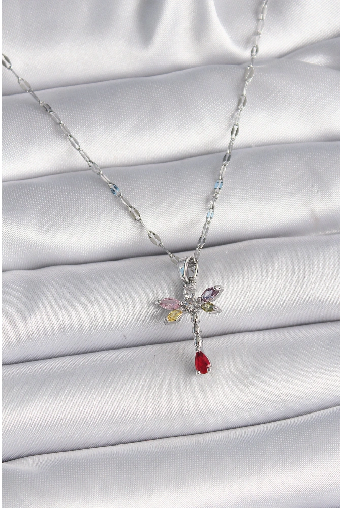 Shoecide 316l Çelik Gümüş Renk Zincir Renkli Zirkon Taşlı Yusufçuk Model Kadın Kolye