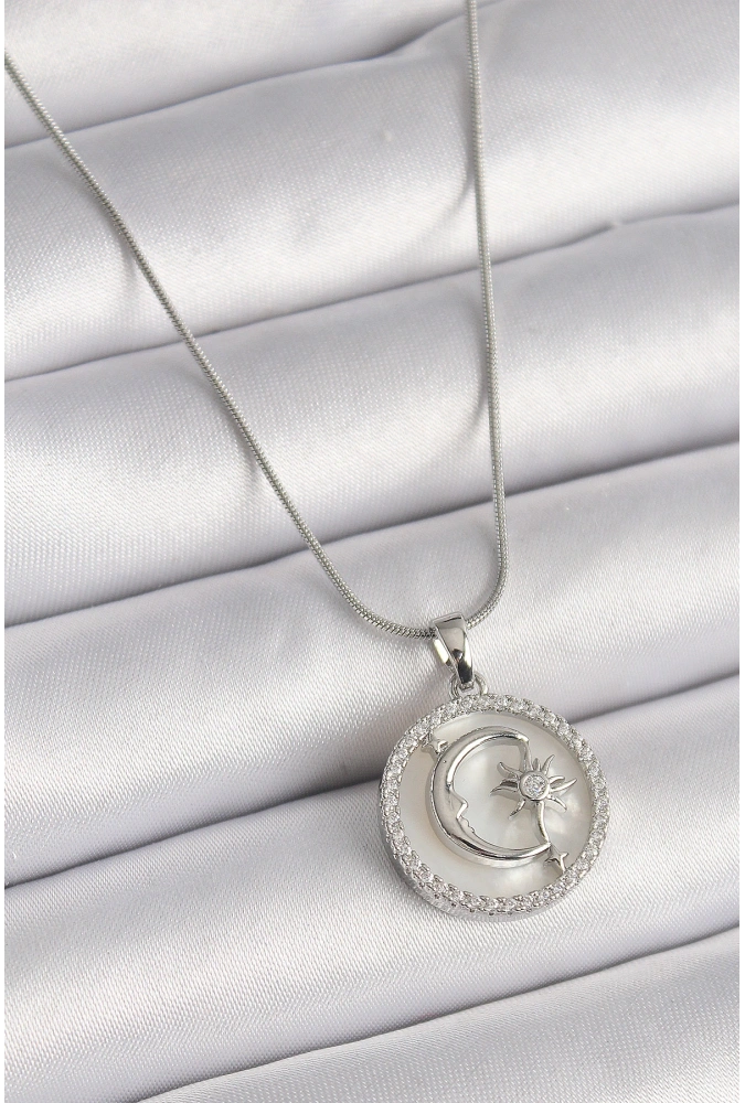 Shoecide 316l Çelik Gümüş Renk Zincir Zirkon Taş Detaylı Beyaz Sedefli Ay Yıldız İşleme Kadın Kolye