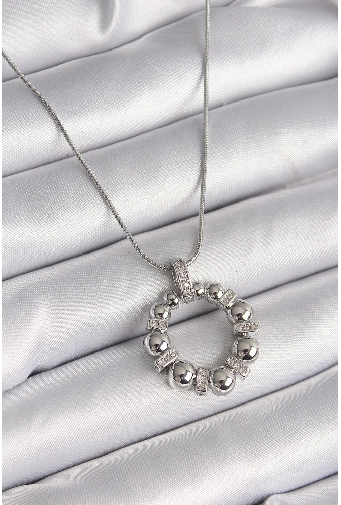 Shoecide 316l Çelik Gümüş Renk Zincir Zirkon Taş Detaylı Bombeli Halka Model Kadın Kolye